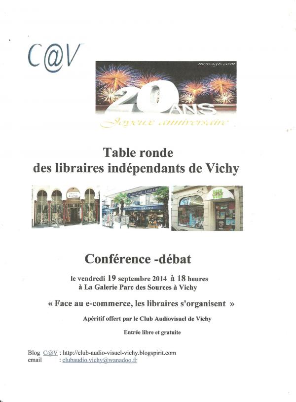 Table Ronde des Libraires Indépendants de Vichy le 19 septembre 2014 à 18 h à La Galerie
